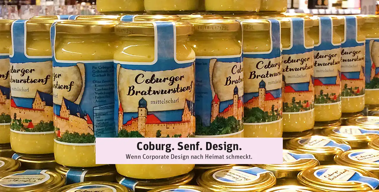 Bratwurstsenf-Label im Coburg-Stil – originelle Gestaltung für eine fränkische Spezialität